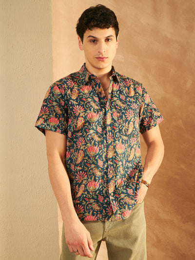 Blue: Half Sleeves Block Printed Shirt