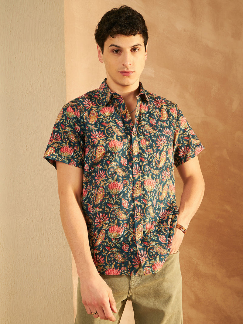Blue: Half Sleeves Block Printed Shirt