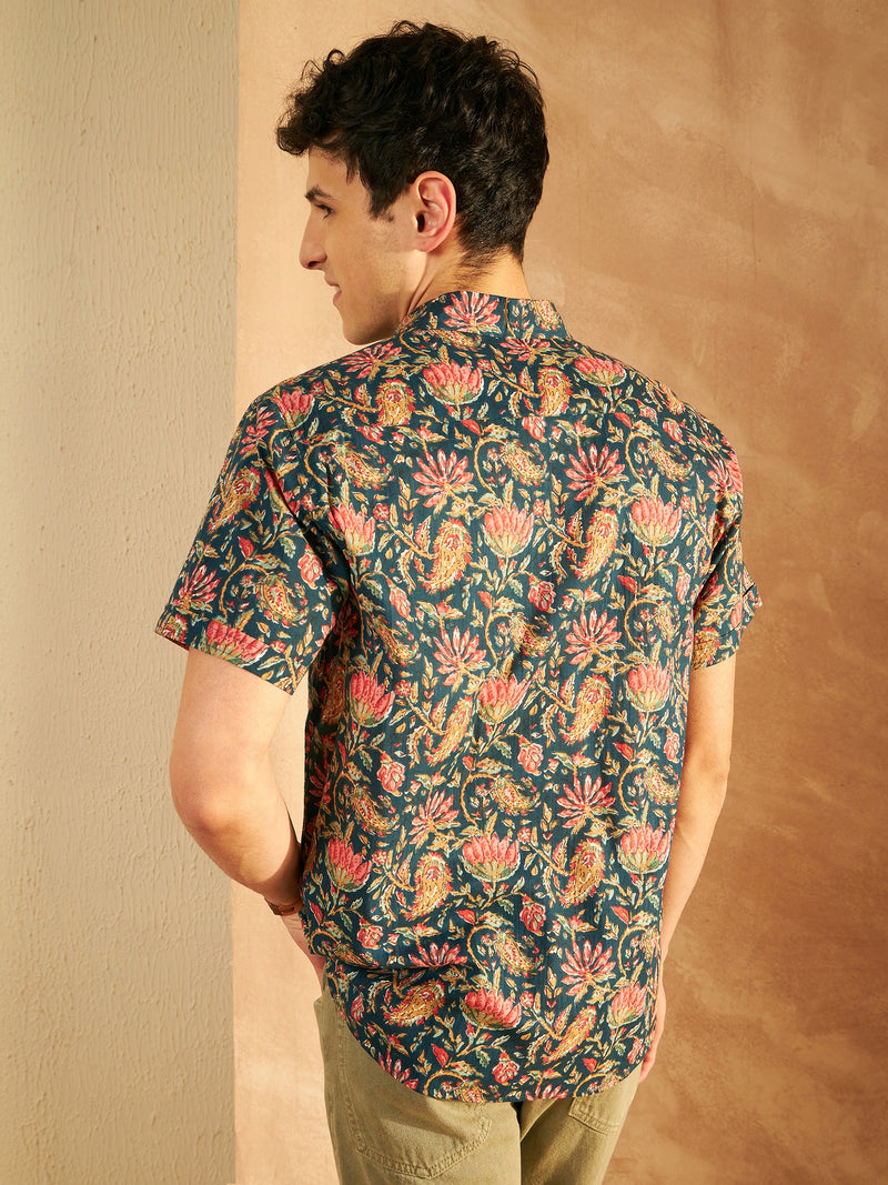 Blue: Half Sleeves Block Printed Shirt