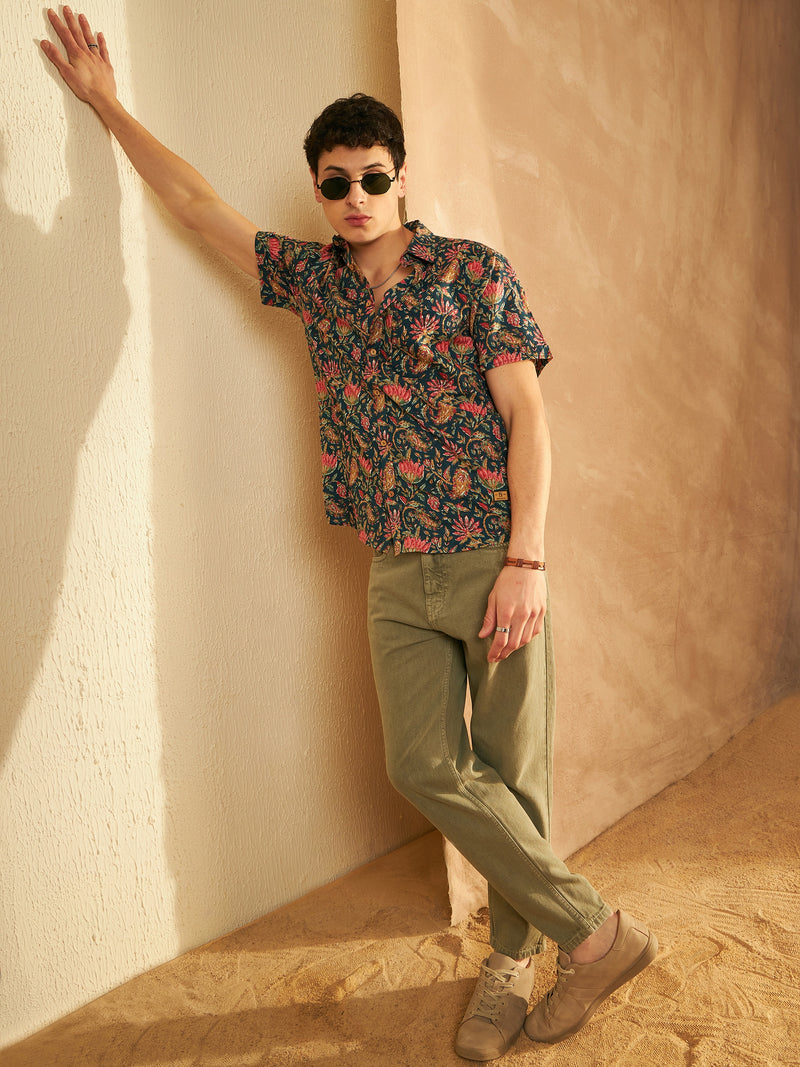 Blue: Half Sleeves Block Printed Shirt