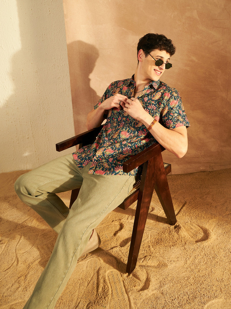 Blue: Half Sleeves Block Printed Shirt