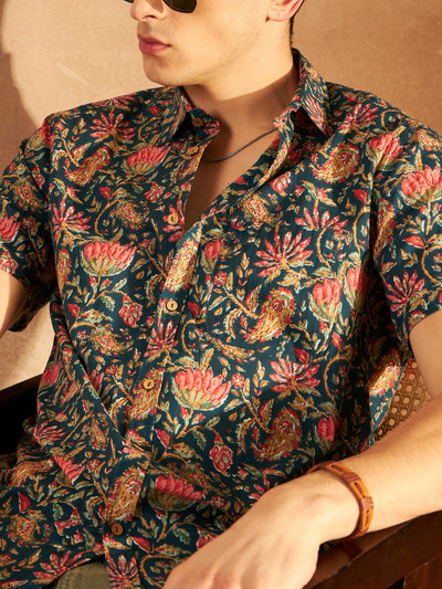 Blue: Half Sleeves Block Printed Shirt