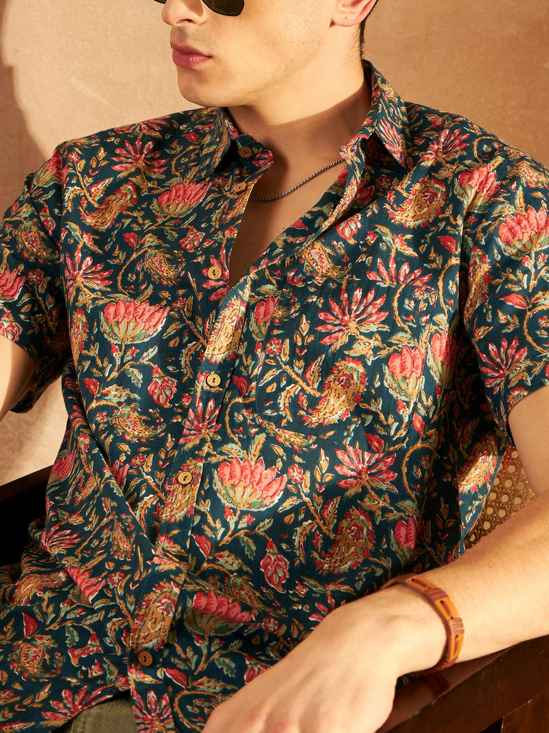 Blue: Half Sleeves Block Printed Shirt