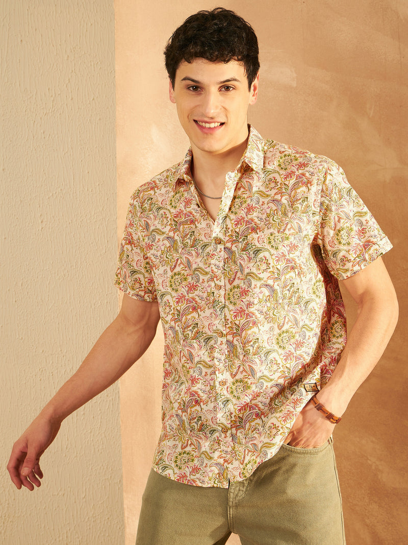 Cream & Orange: Half Sleeves Block Printed Shirt