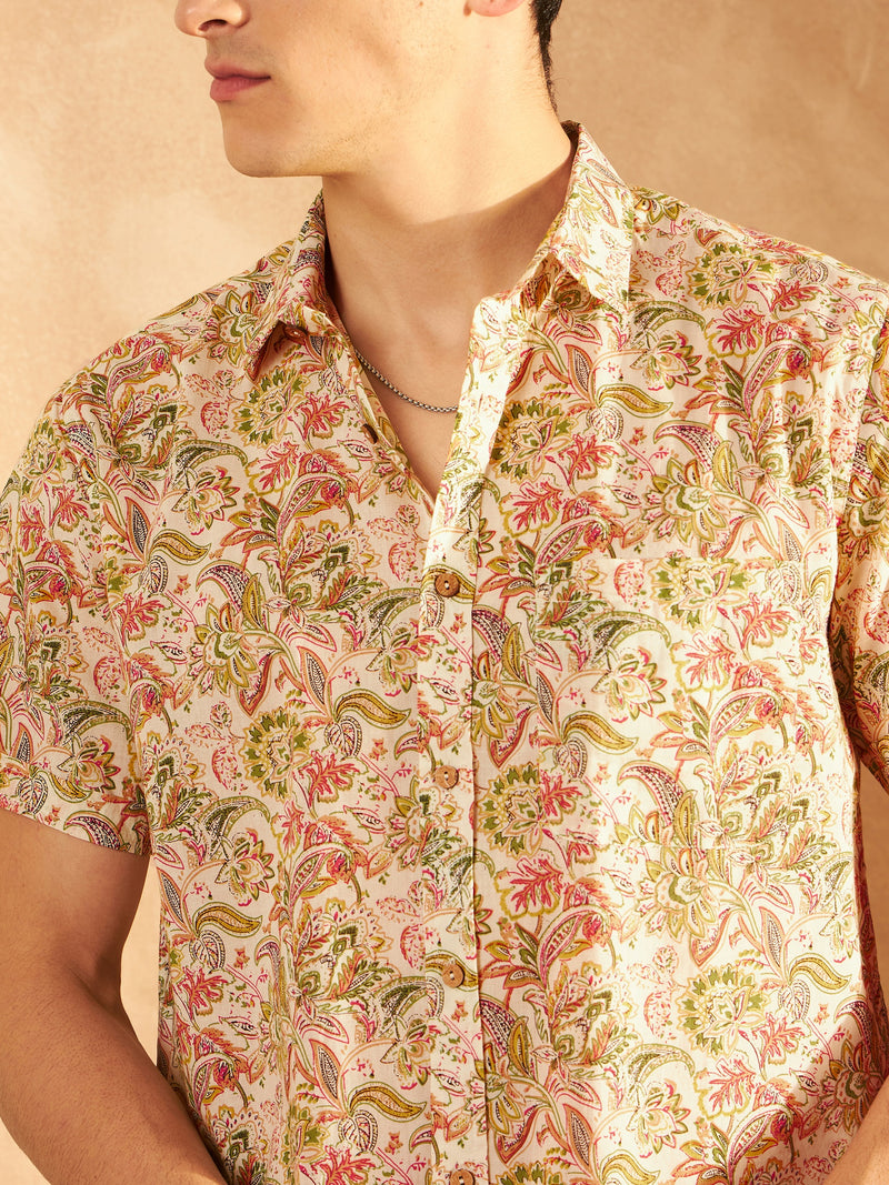 Cream & Orange: Half Sleeves Block Printed Shirt