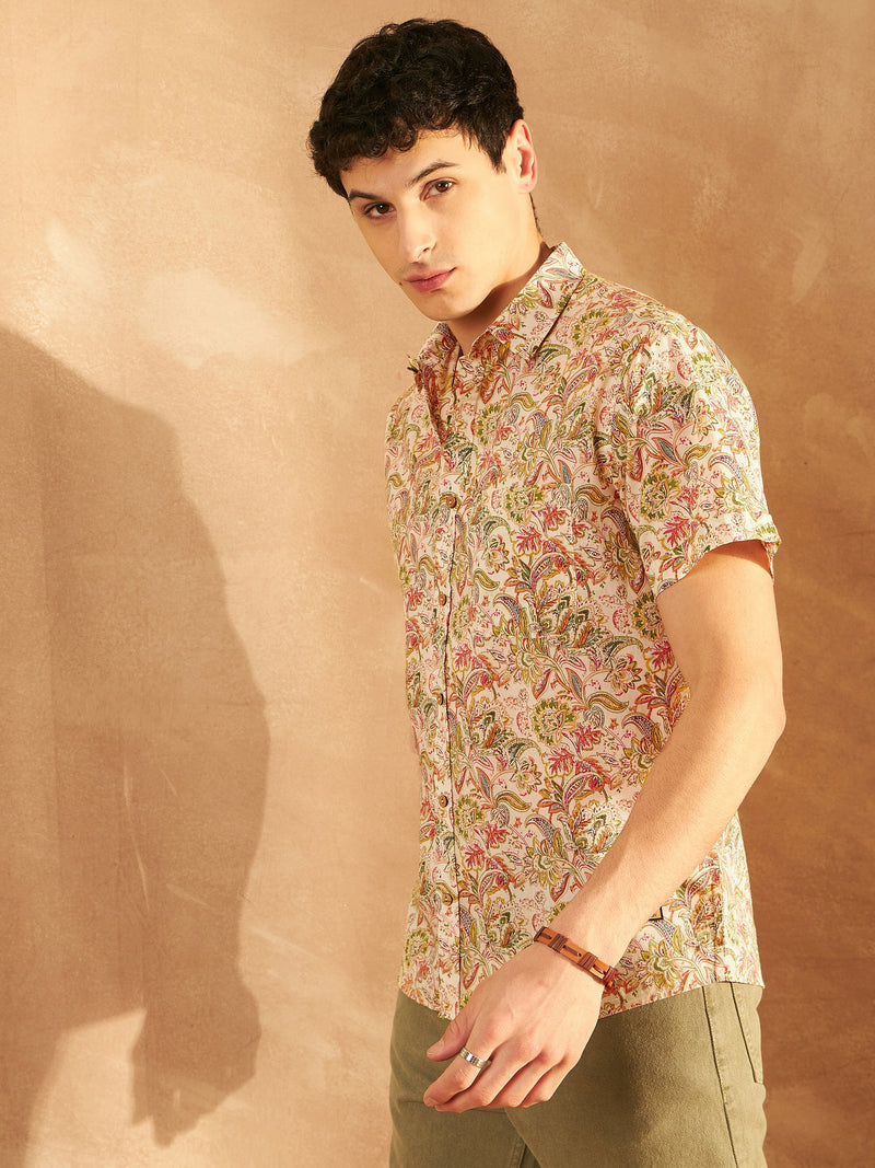 Cream & Orange: Half Sleeves Block Printed Shirt
