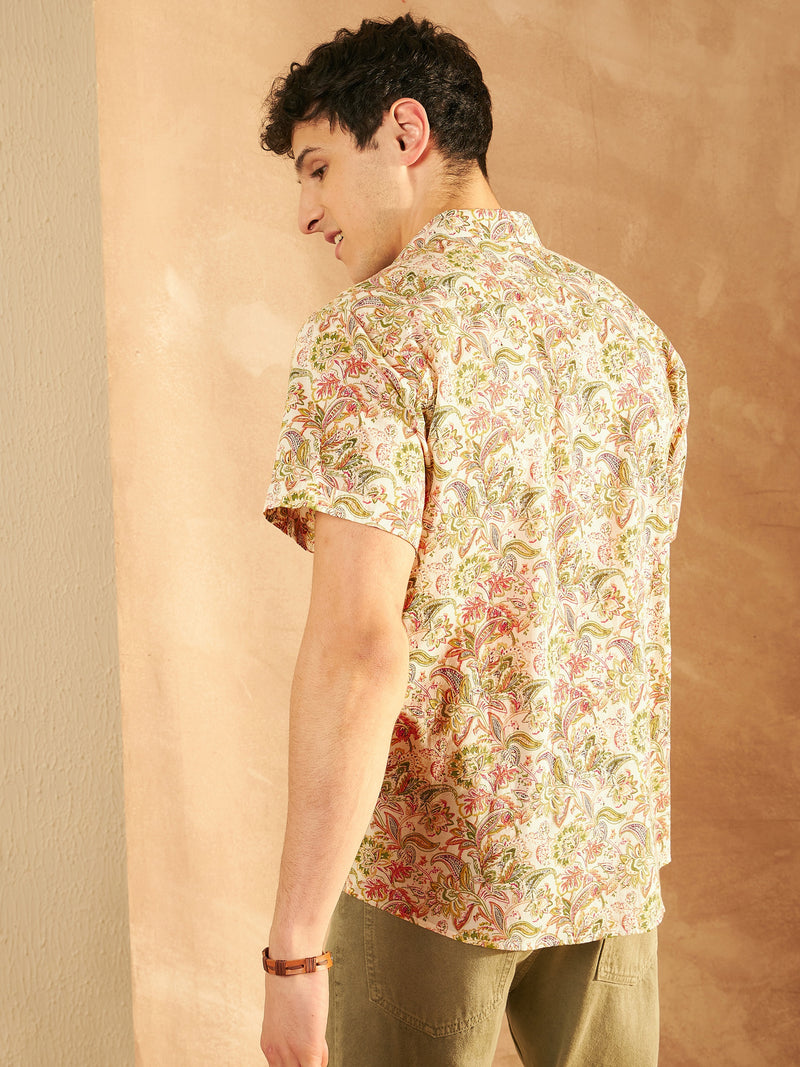 Cream & Orange: Half Sleeves Block Printed Shirt