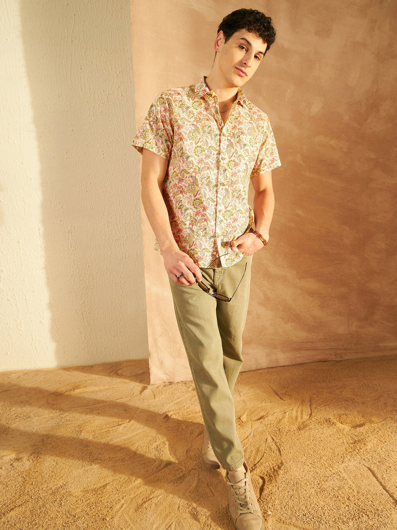 Cream & Orange: Half Sleeves Block Printed Shirt
