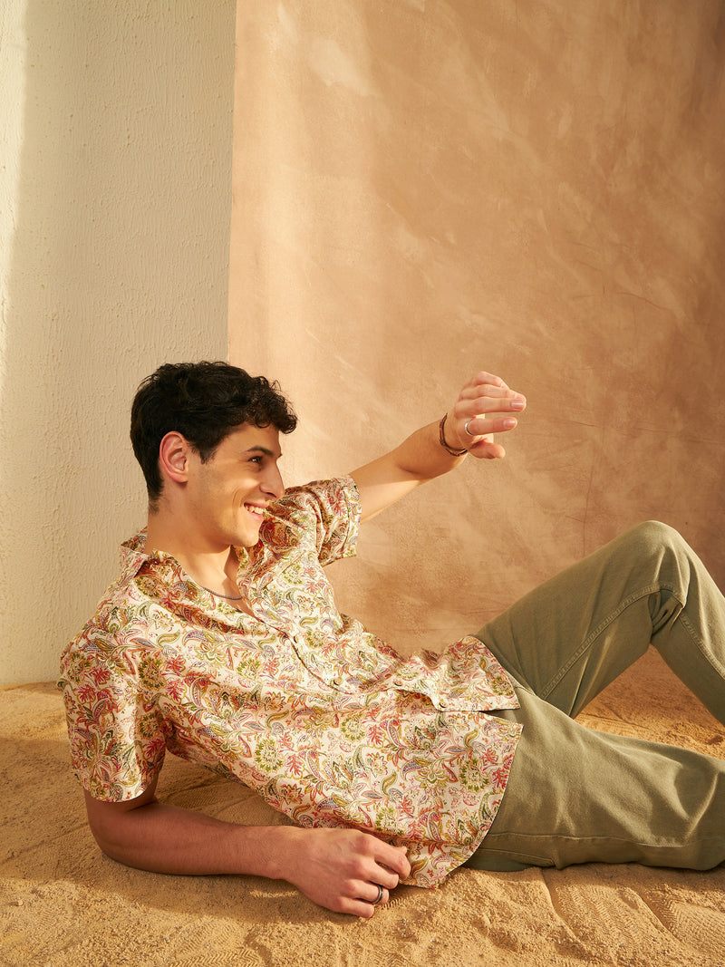 Cream & Orange: Half Sleeves Block Printed Shirt