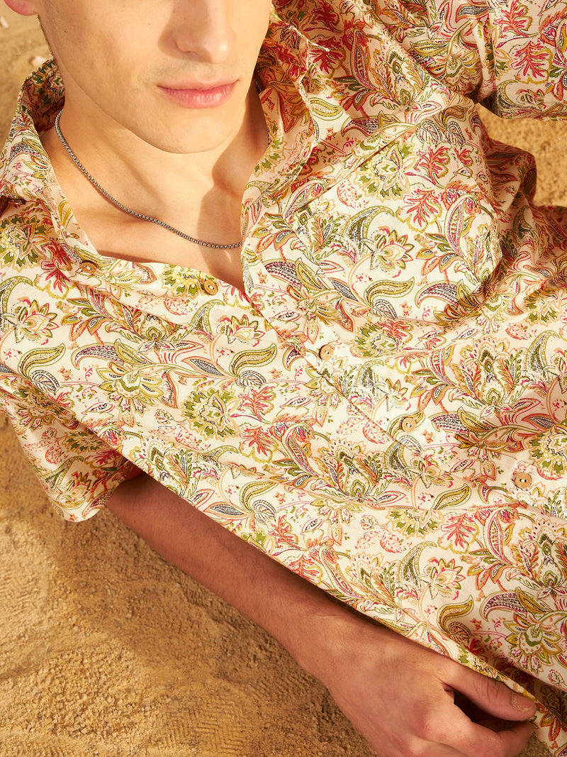 Cream & Orange: Half Sleeves Block Printed Shirt