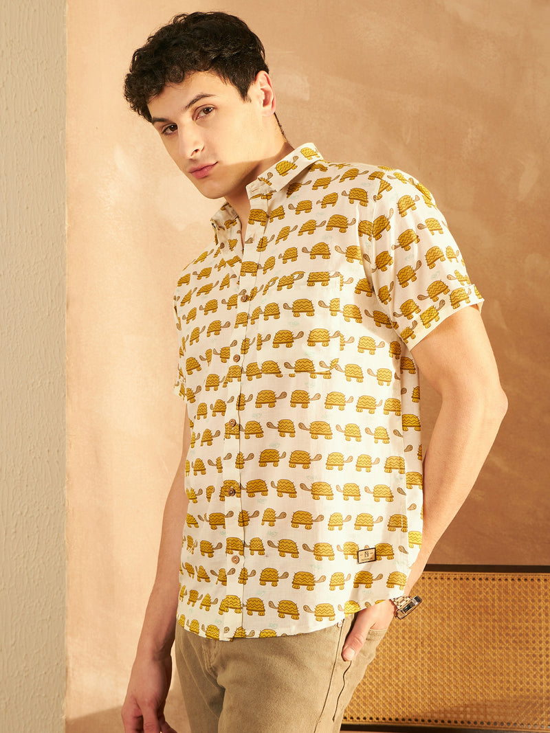 Cream: Half Sleeves Block Printed Cotton Shirt