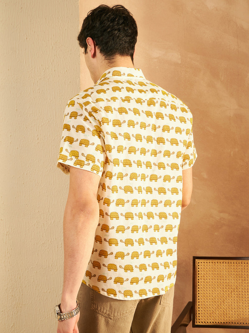 Cream: Half Sleeves Block Printed Cotton Shirt