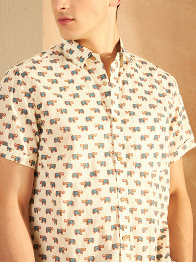 Cream: Half Sleeves Block Printed Shirt