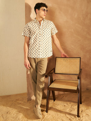 Cream: Half Sleeves Block Printed Shirt
