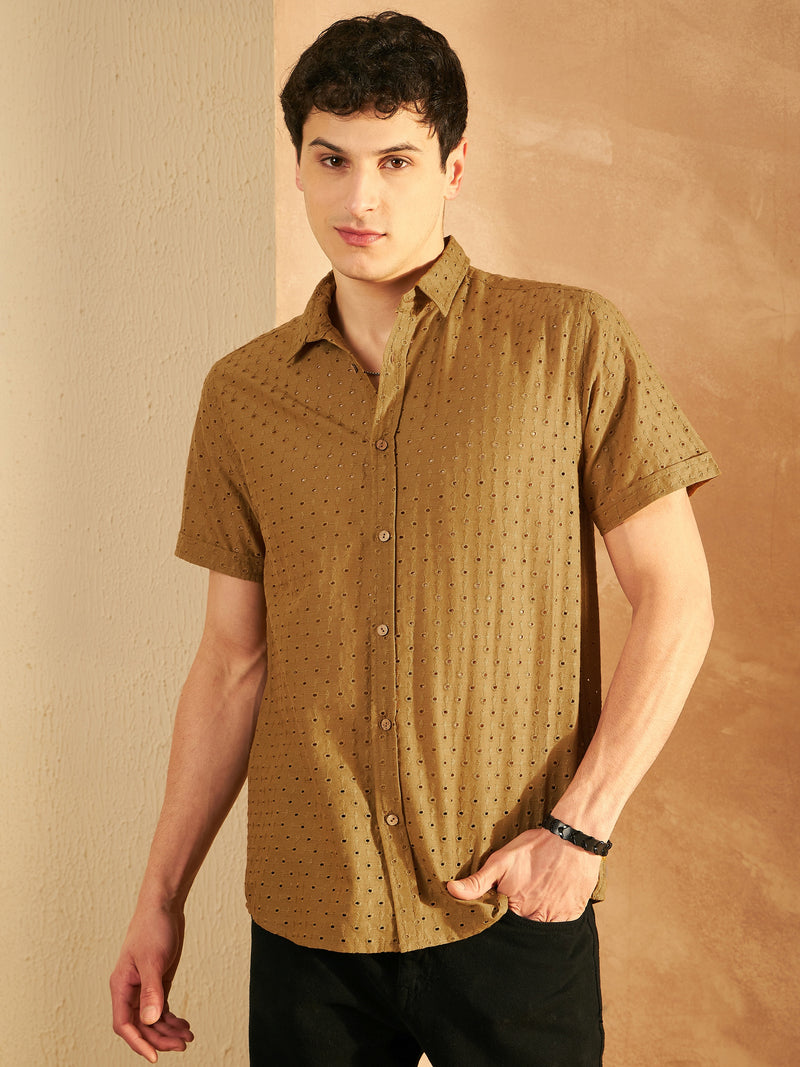DENNISON Mustard Color Self Design Schiffli Casual Shirt