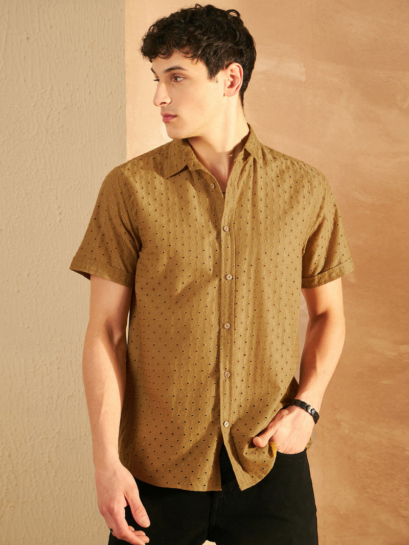 DENNISON Mustard Color Self Design Schiffli Casual Shirt