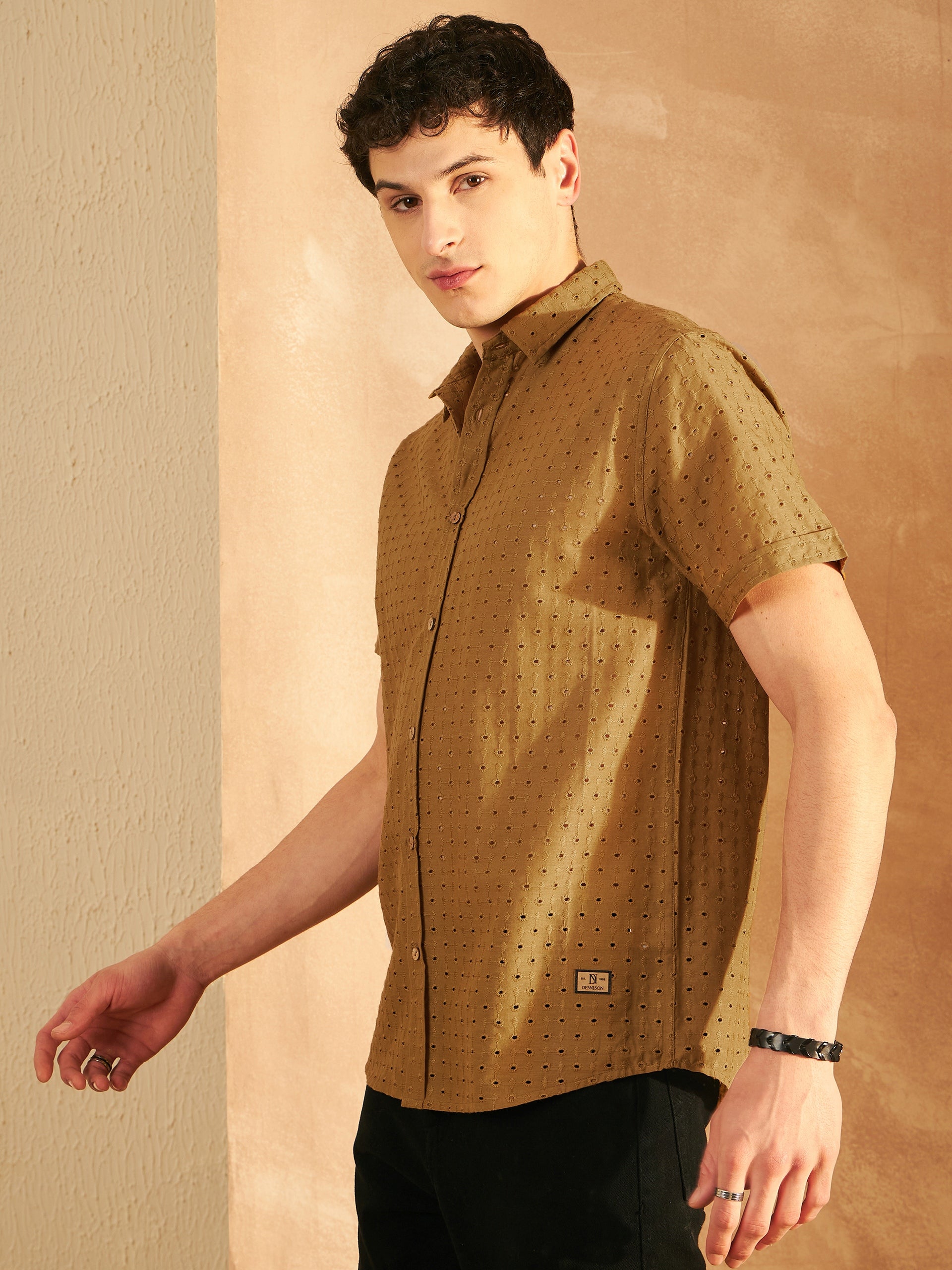 DENNISON Mustard Color Self Design Schiffli Casual Shirt
