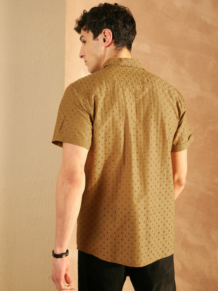 DENNISON Mustard Color Self Design Schiffli Casual Shirt