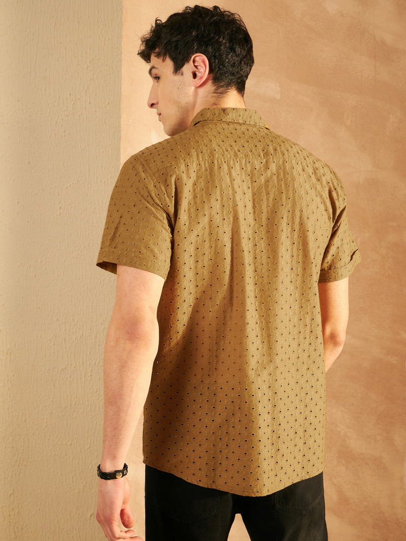 DENNISON Mustard Color Self Design Schiffli Casual Shirt