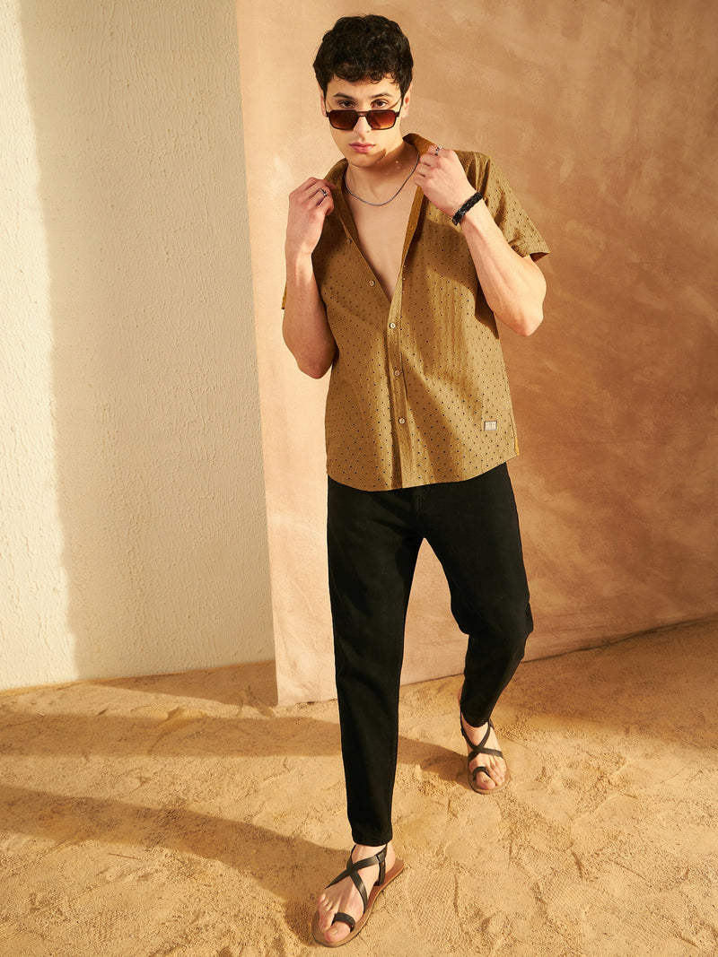 DENNISON Mustard Color Self Design Schiffli Casual Shirt