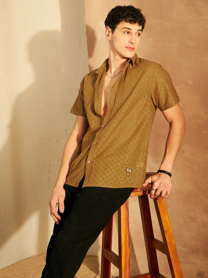 DENNISON Mustard Color Self Design Schiffli Casual Shirt