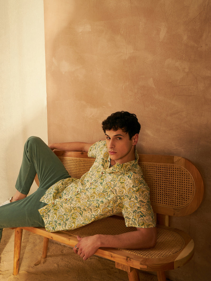 Cream & Green: Half Sleeves Block Printed Shirt