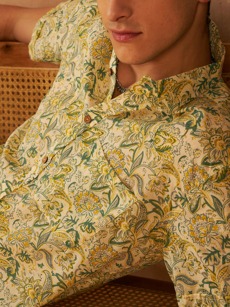 Cream & Green: Half Sleeves Block Printed Shirt