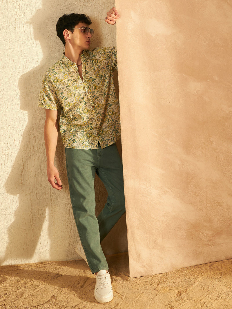 Cream & Green: Half Sleeves Block Printed Shirt