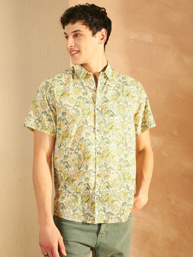 Cream & Green: Half Sleeves Block Printed Shirt