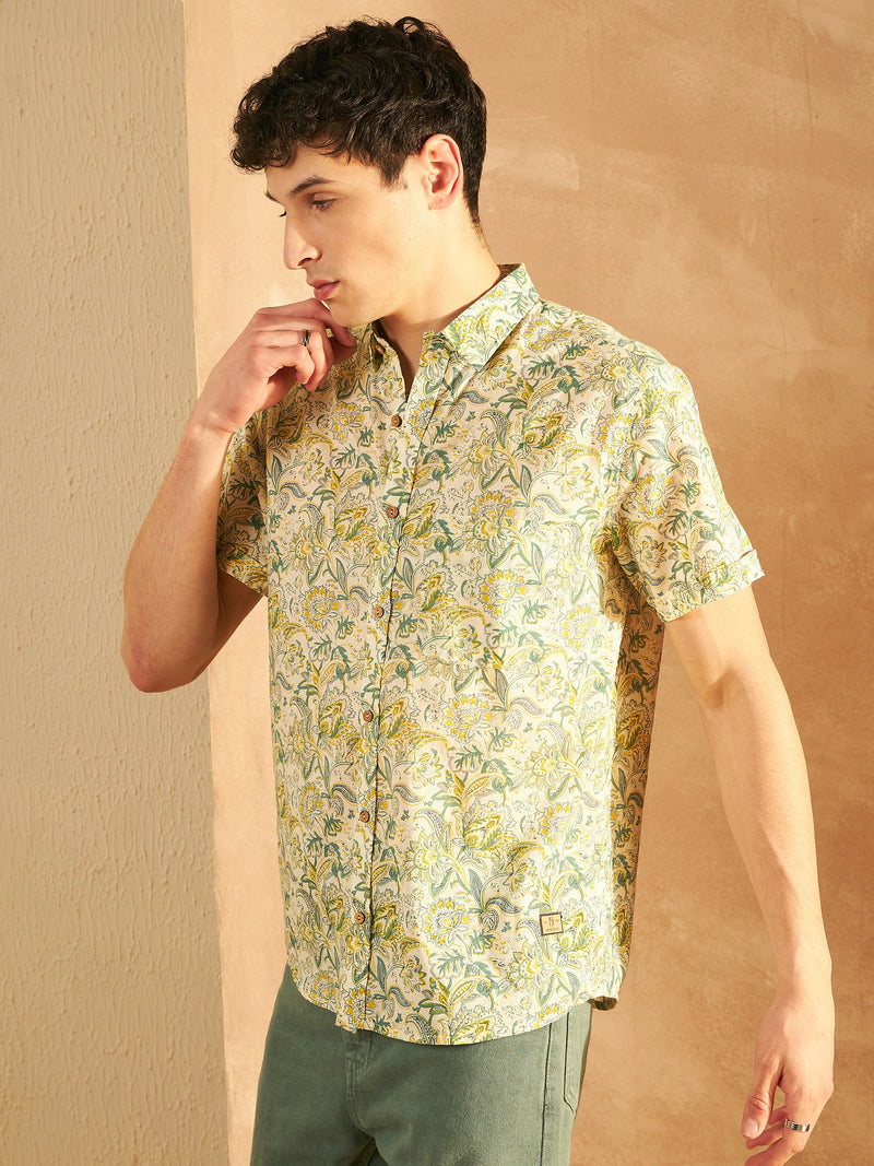 Cream & Green: Half Sleeves Block Printed Shirt