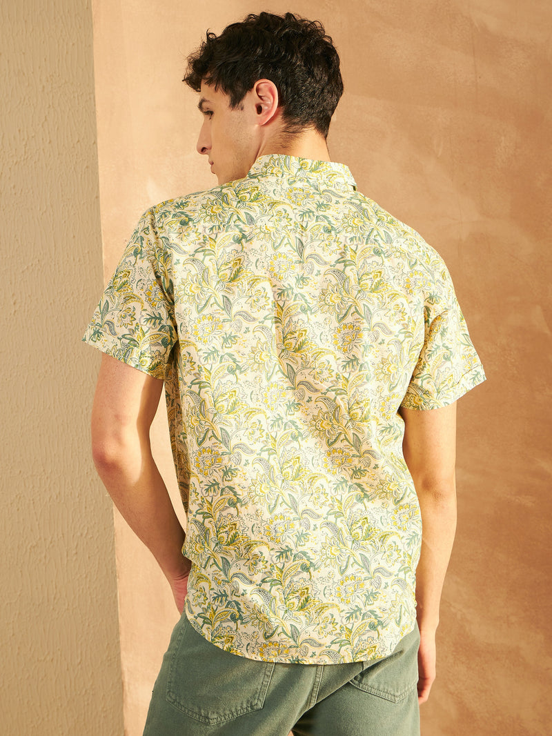 Cream & Green: Half Sleeves Block Printed Shirt