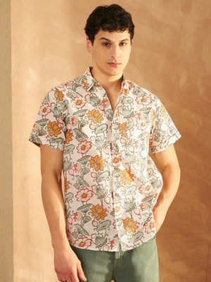 Cream & Mustard: Half Sleeves Block Printed Shirt