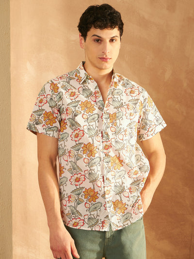 Cream & Mustard: Half Sleeves Block Printed Shirt