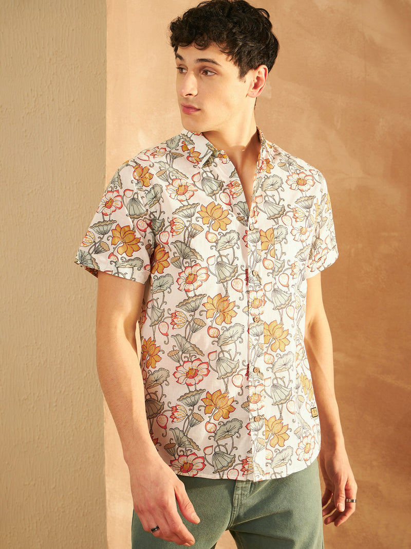 Cream & Mustard: Half Sleeves Block Printed Shirt