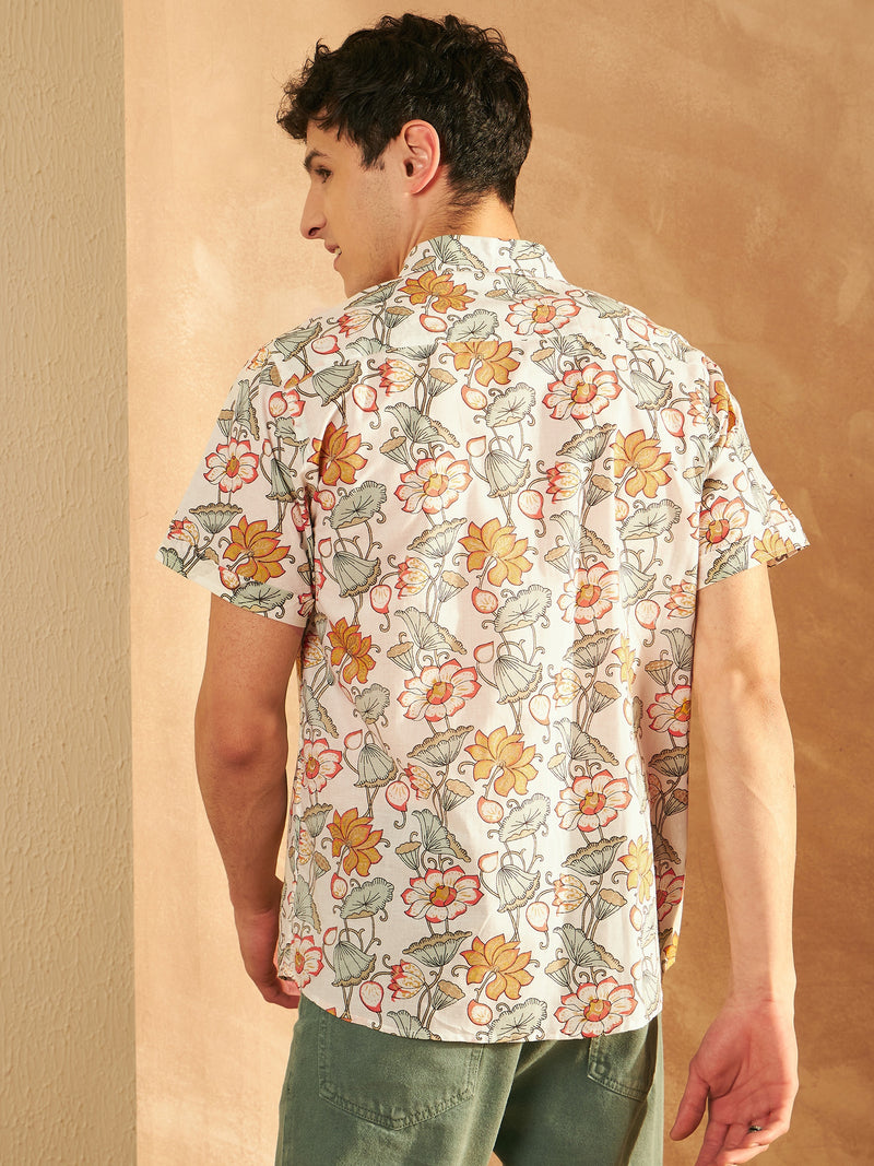 Cream & Mustard: Half Sleeves Block Printed Shirt