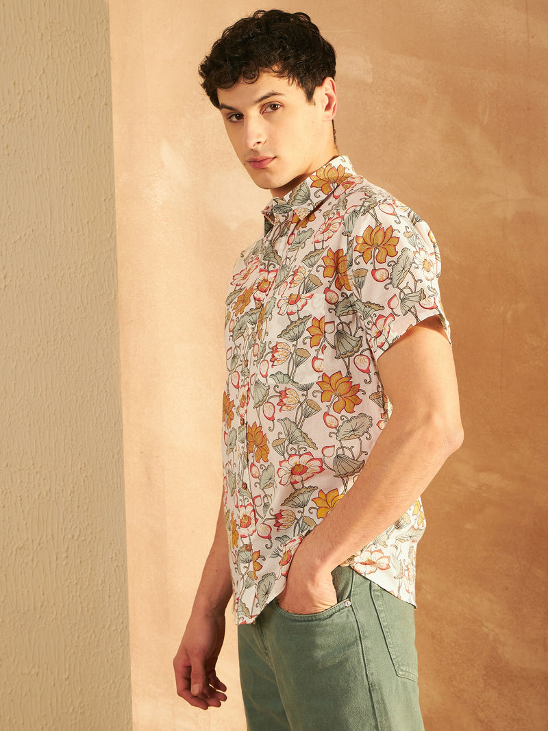 Cream & Mustard: Half Sleeves Block Printed Shirt