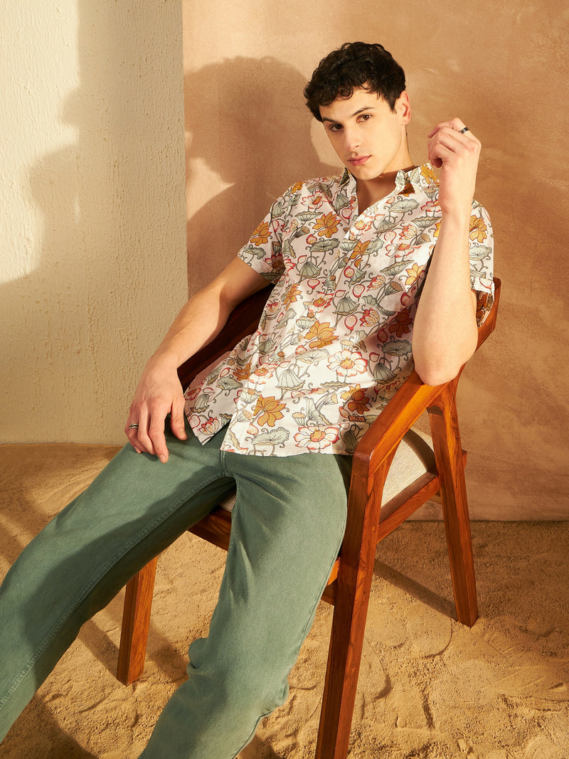 Cream & Mustard: Half Sleeves Block Printed Shirt