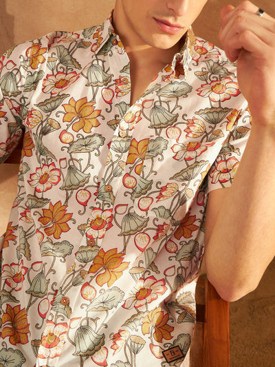 Cream & Mustard: Half Sleeves Block Printed Shirt