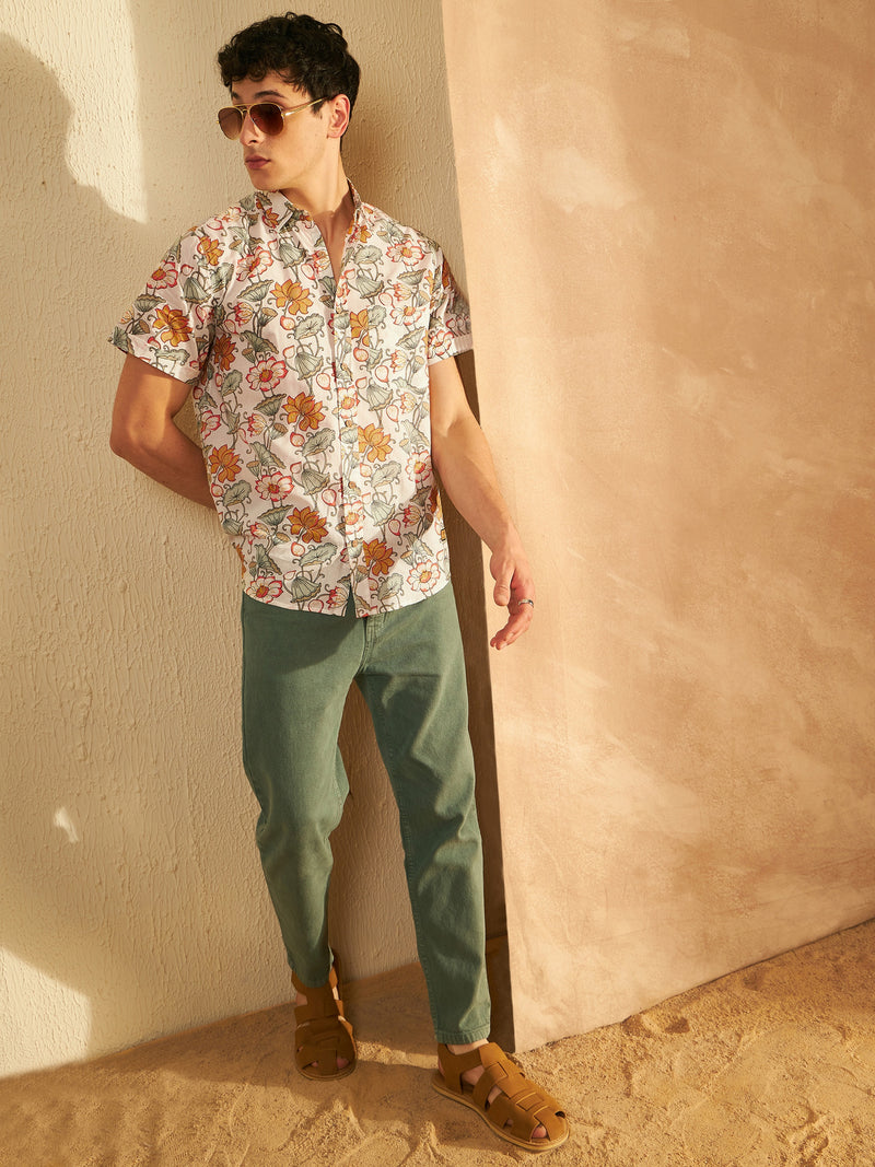 Cream & Mustard: Half Sleeves Block Printed Shirt