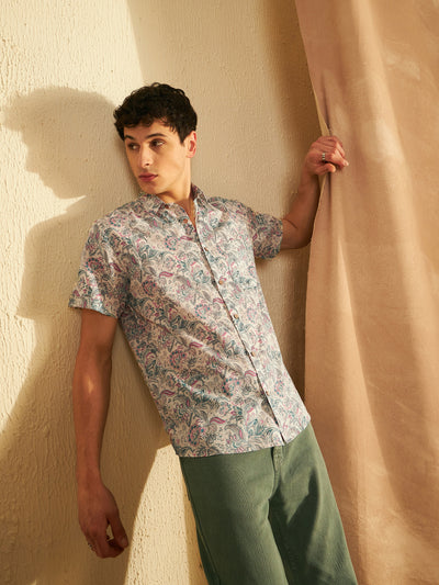 Cream & Blue: Half Sleeves Block Printed Shirt