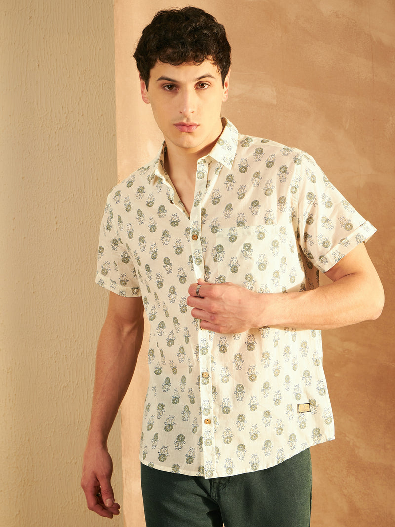 White & Green: Half Sleeves Block Printed Shirt