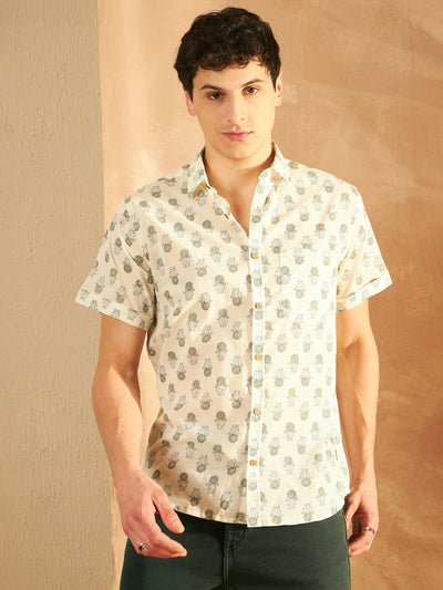 White & Green: Half Sleeves Block Printed Shirt