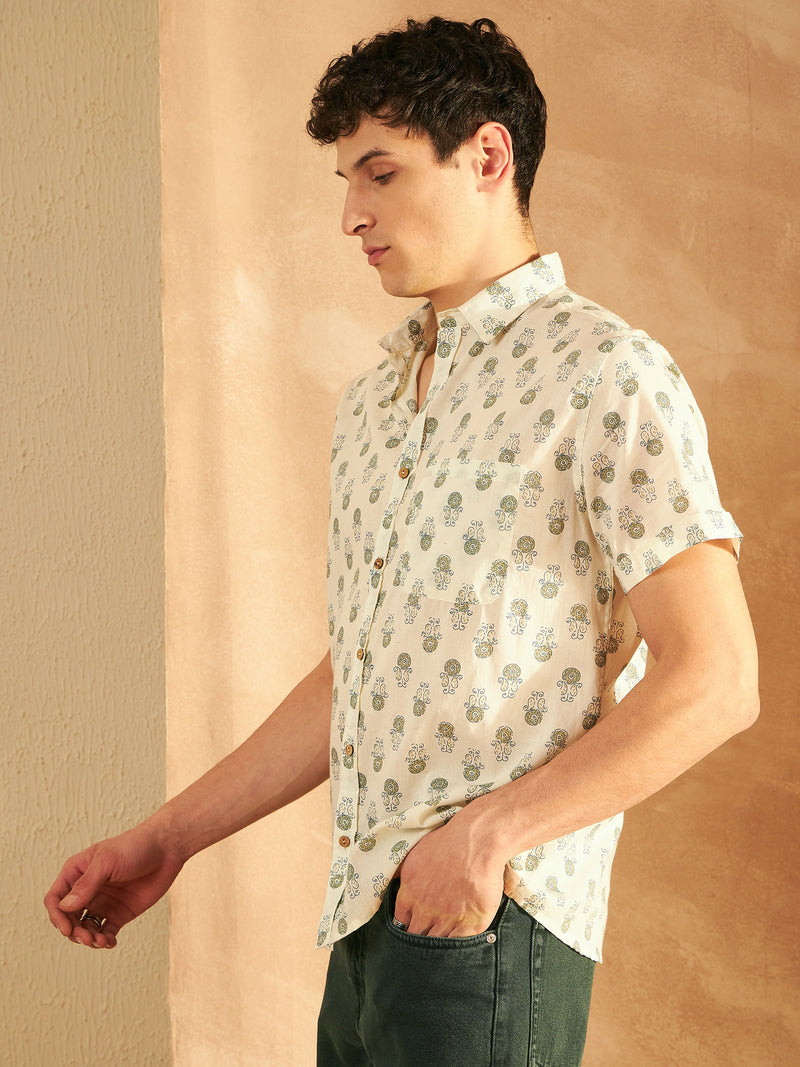 White & Green: Half Sleeves Block Printed Shirt
