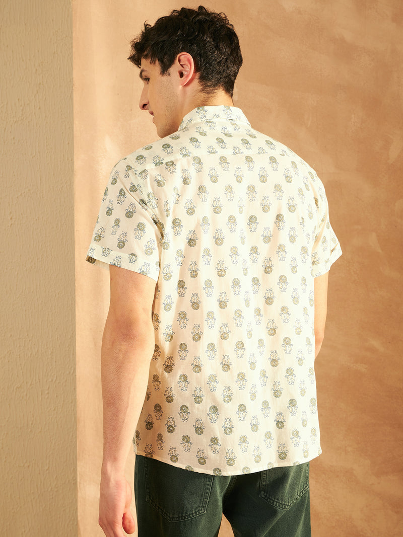 White & Green: Half Sleeves Block Printed Shirt