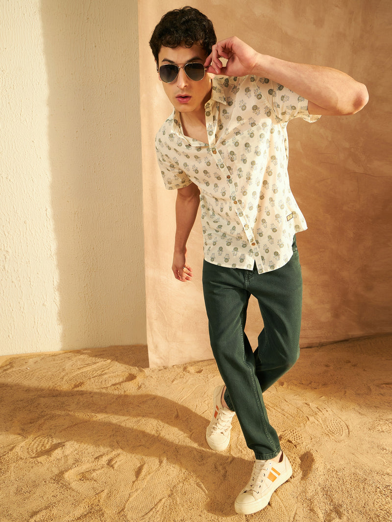 White & Green: Half Sleeves Block Printed Shirt