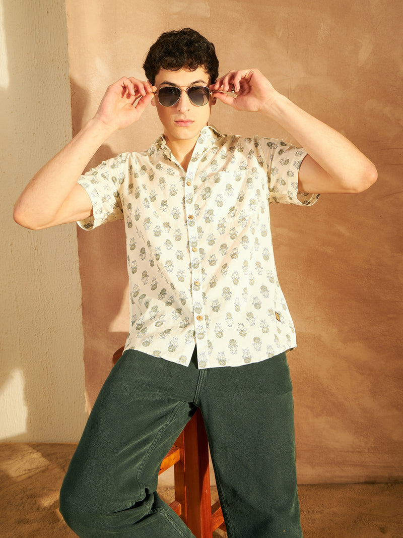White & Green: Half Sleeves Block Printed Shirt