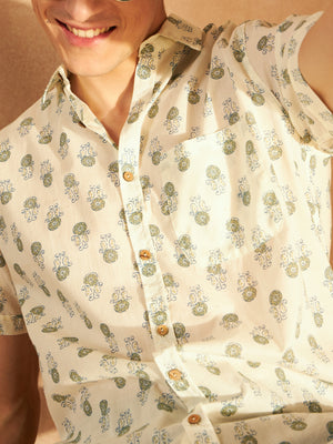White & Green: Half Sleeves Block Printed Shirt