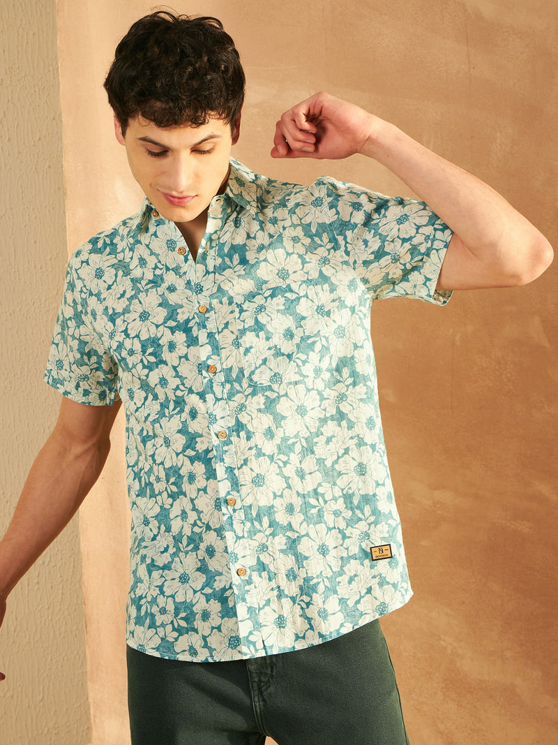 Men's Block Printed Lightweight Thin Cotton Floral Shirt