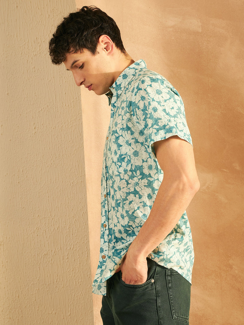 Men's Block Printed Lightweight Thin Cotton Floral Shirt