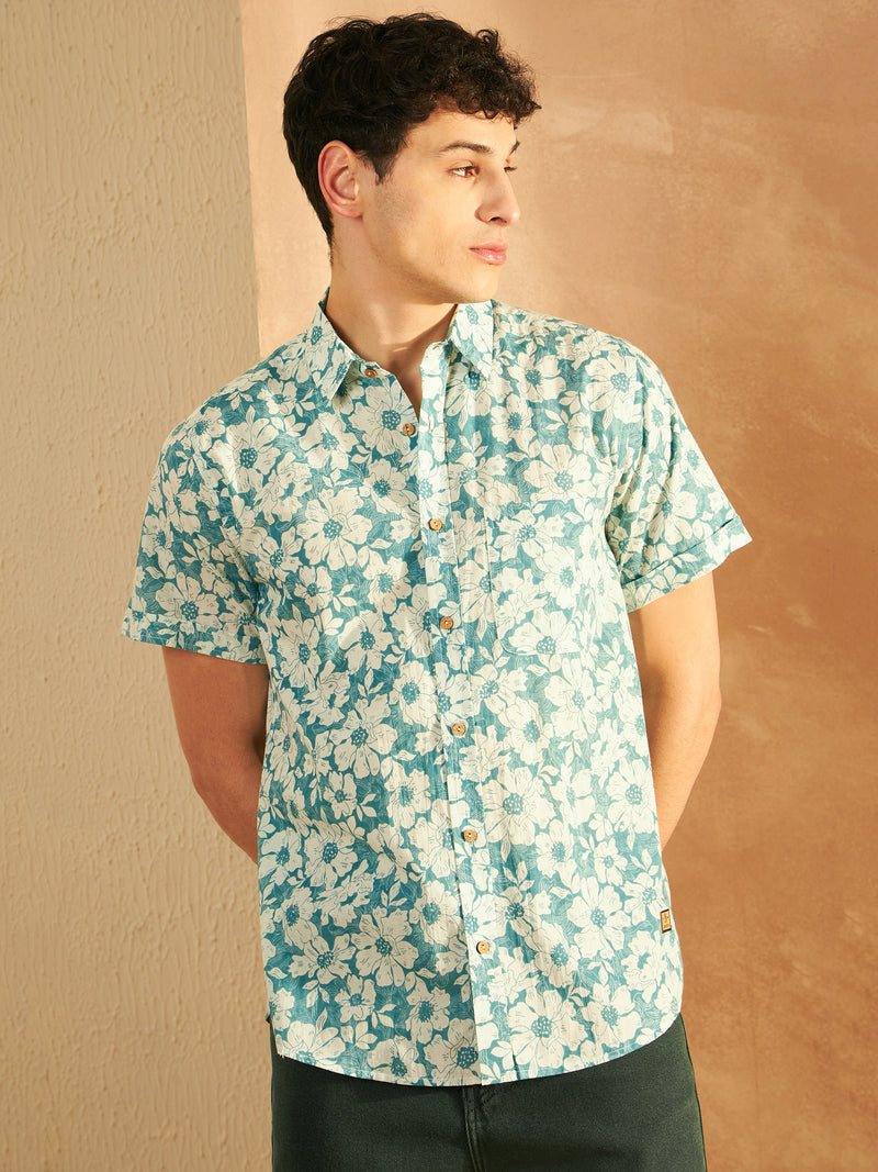 Men's Block Printed Lightweight Thin Cotton Floral Shirt
